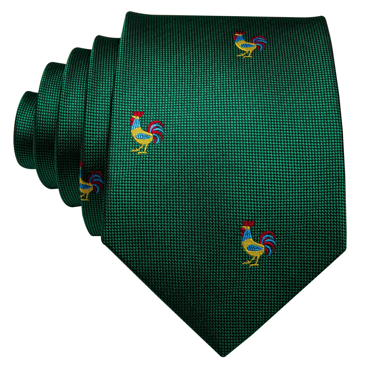 Barry Wang Green Tie Novelty Rooster Pattern Necktie Hanky Cufflinks Set