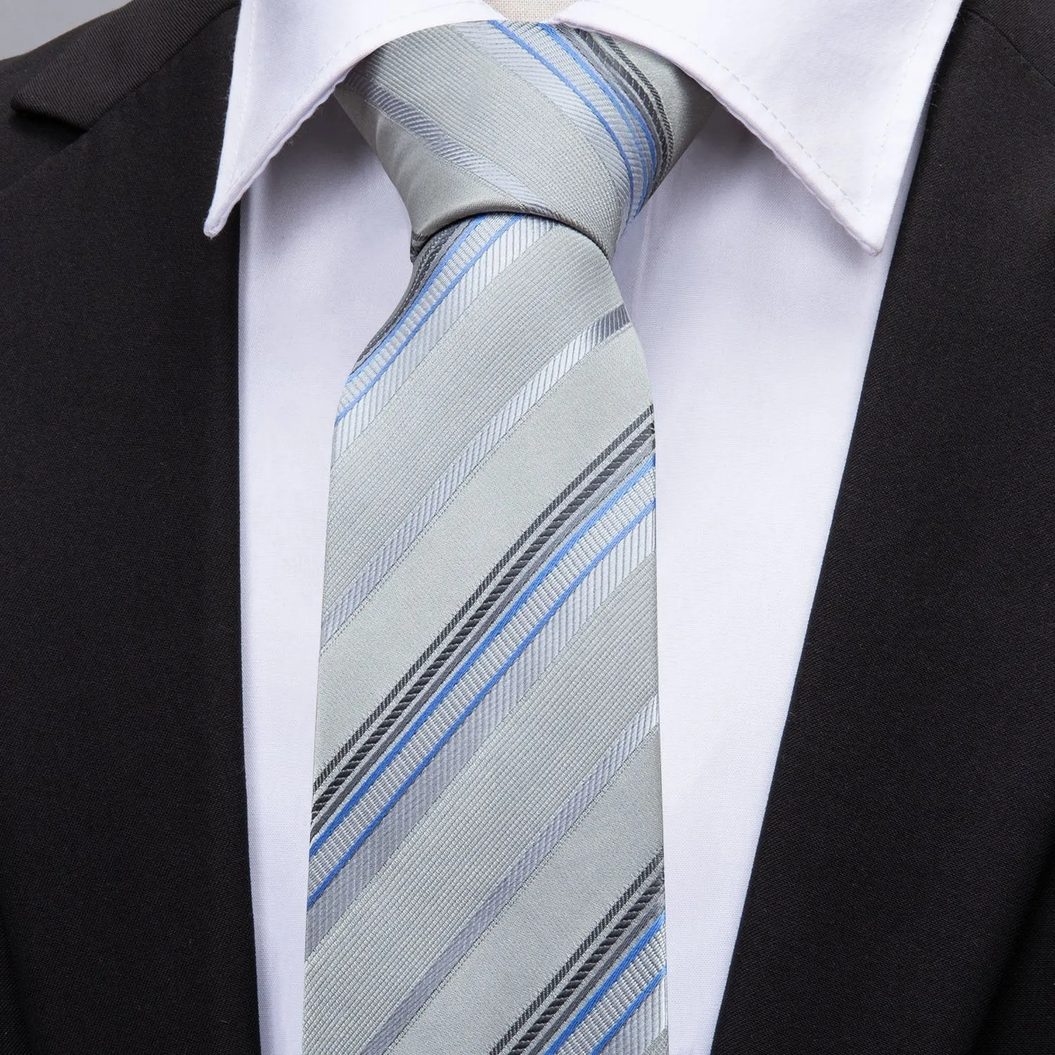 Barry Wang Light Grey Tie Silver Stripe Fabric Tie Hanky Cufflinks Set