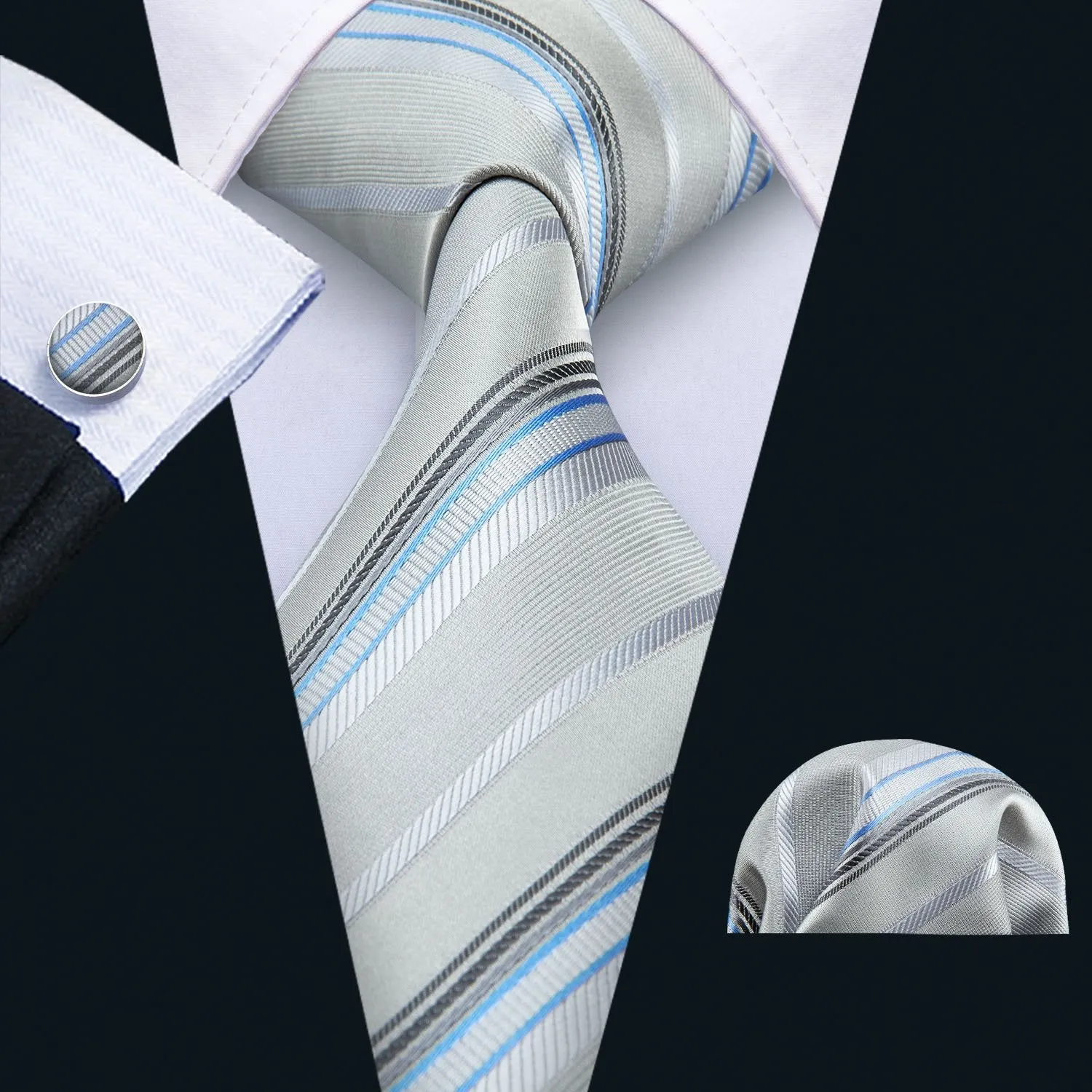 Barry Wang Light Grey Tie Silver Stripe Fabric Tie Hanky Cufflinks Set