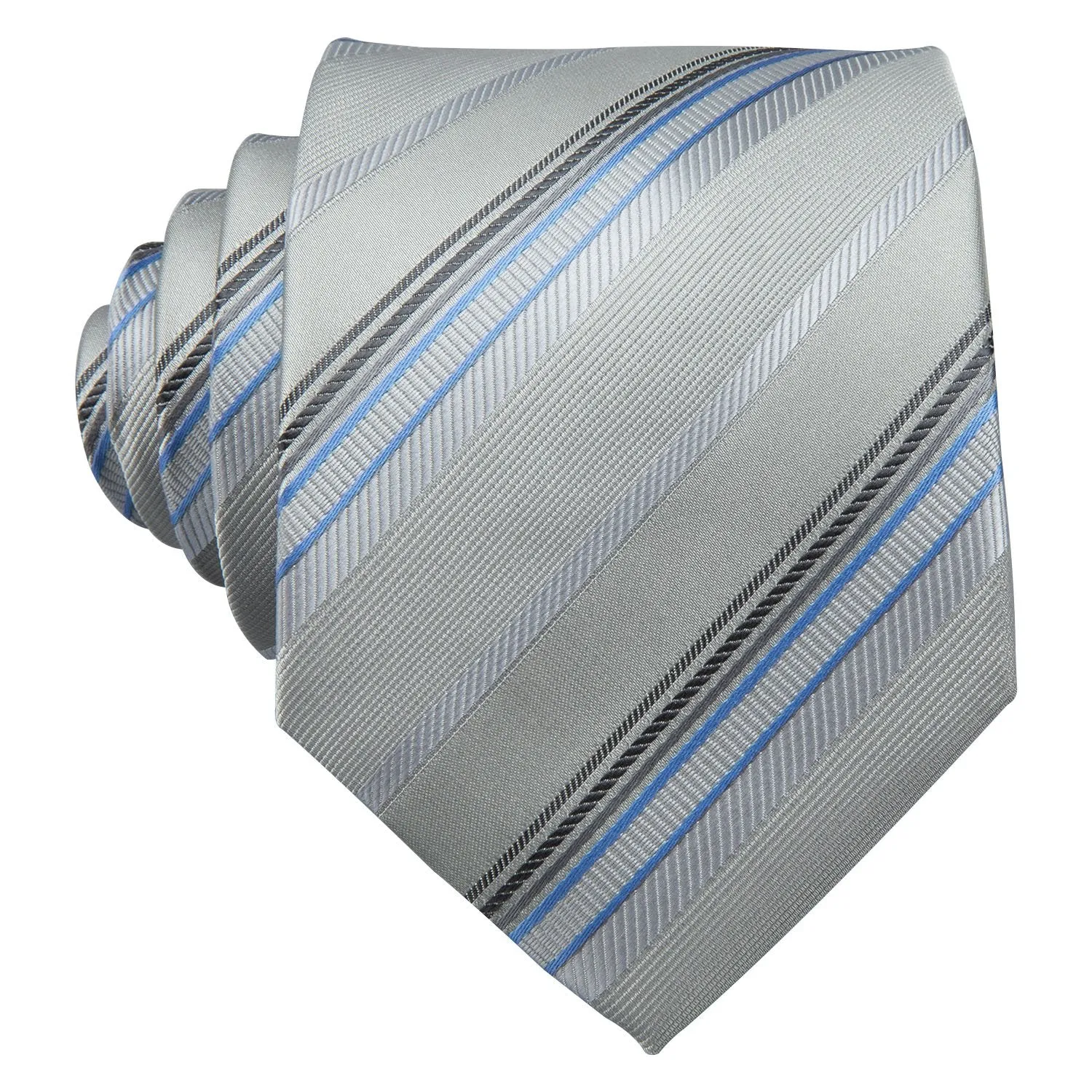 Barry Wang Light Grey Tie Silver Stripe Fabric Tie Hanky Cufflinks Set