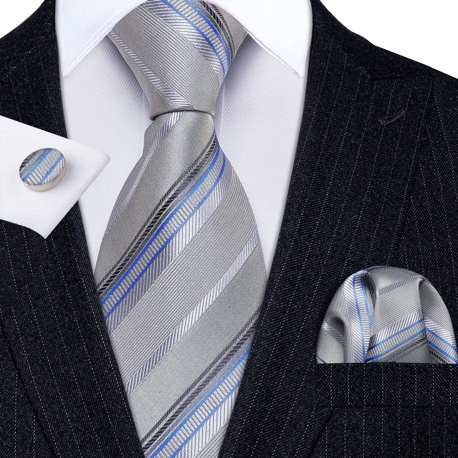 Barry Wang Light Grey Tie Silver Stripe Fabric Tie Hanky Cufflinks Set