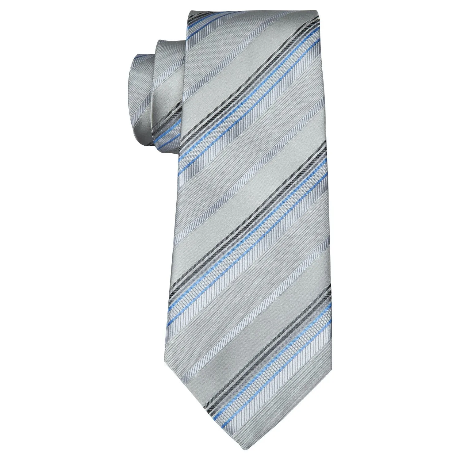 Barry Wang Light Grey Tie Silver Stripe Fabric Tie Hanky Cufflinks Set