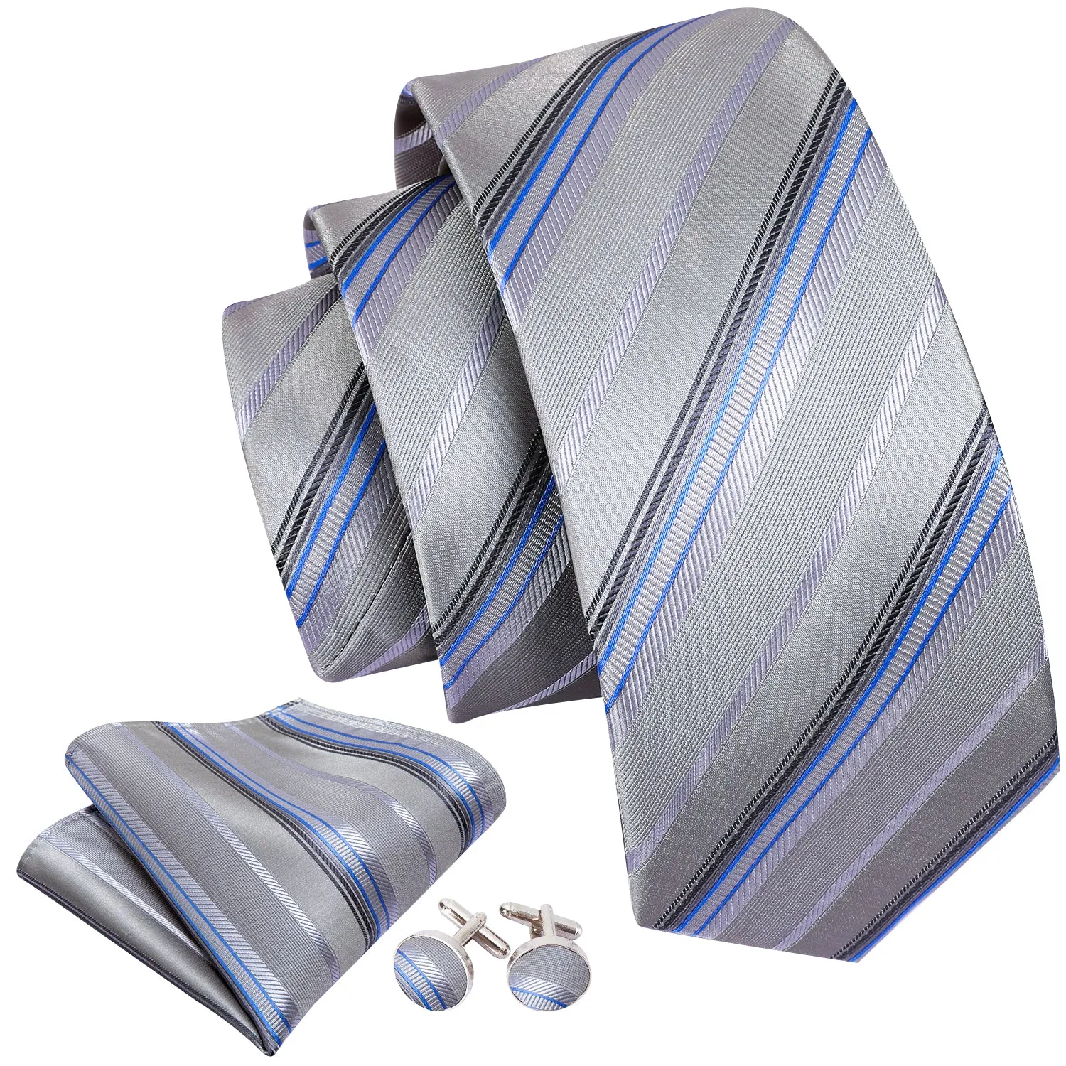 Barry Wang Light Grey Tie Silver Stripe Fabric Tie Hanky Cufflinks Set