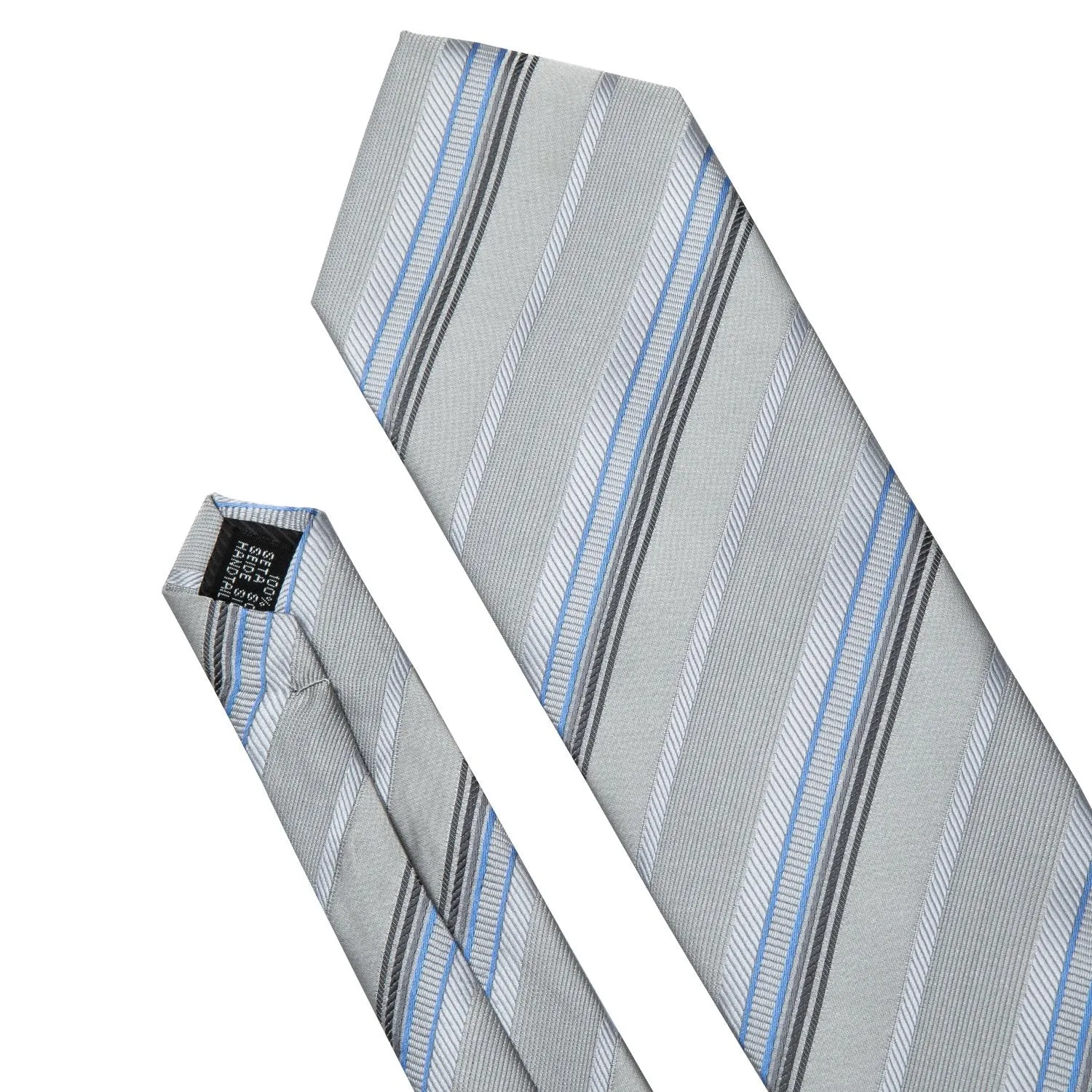 Barry Wang Light Grey Tie Silver Stripe Fabric Tie Hanky Cufflinks Set
