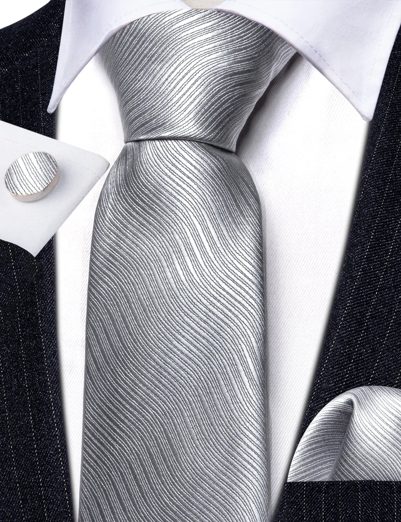 Barry Wang Light Grey White Solid Silk Tie Handkerchief Cufflinks Set