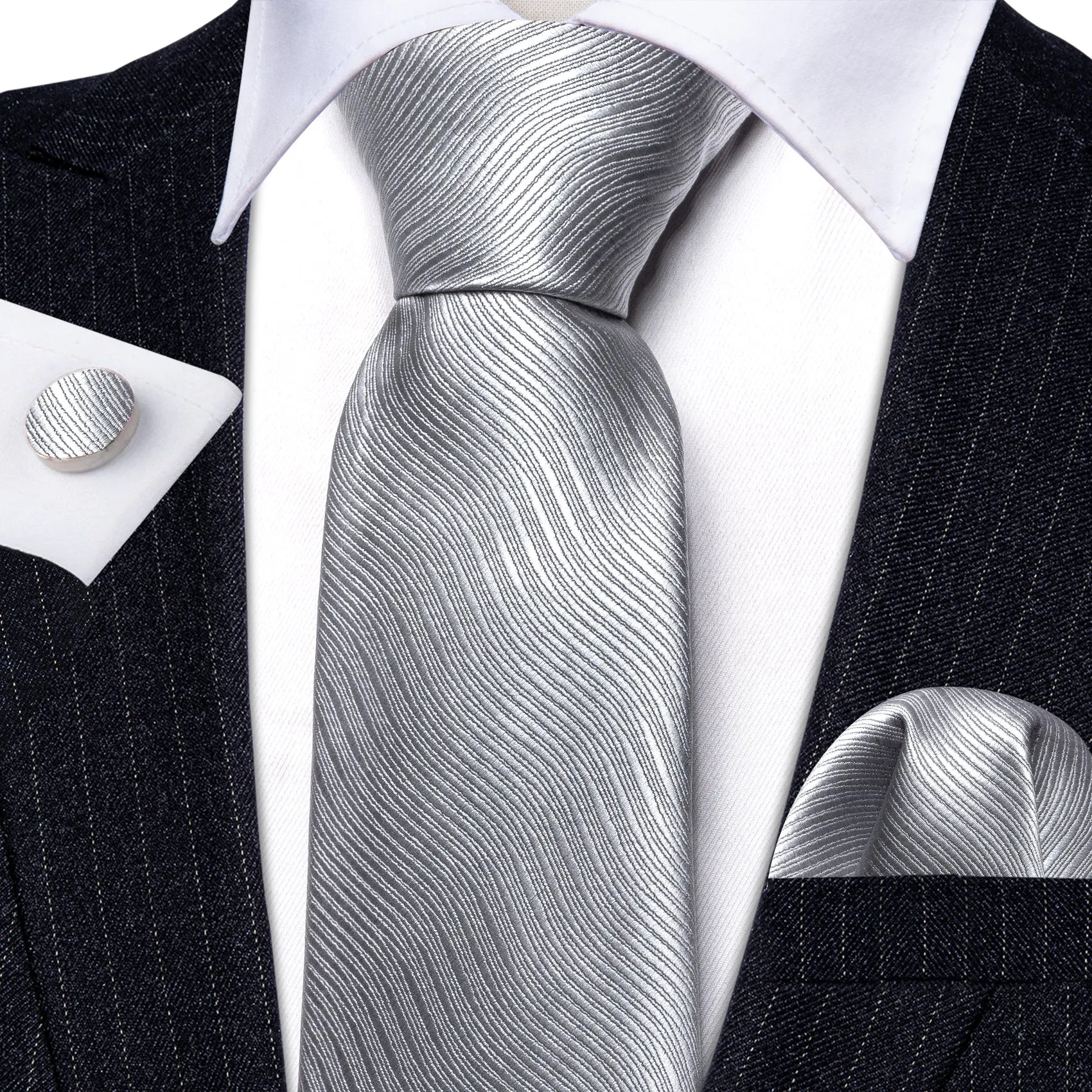 Barry Wang Light Grey White Solid Silk Tie Handkerchief Cufflinks Set