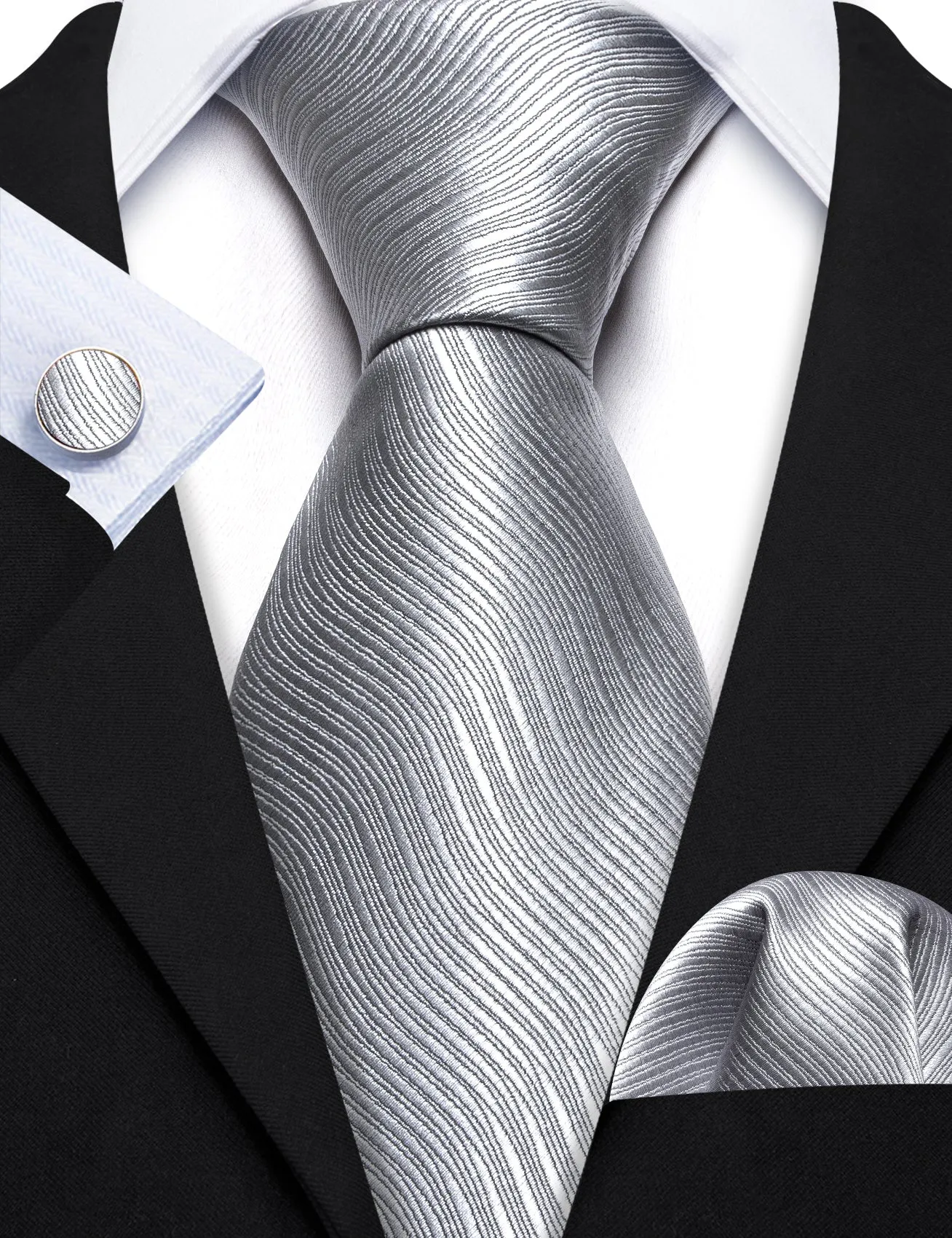 Barry Wang Light Grey White Solid Silk Tie Handkerchief Cufflinks Set