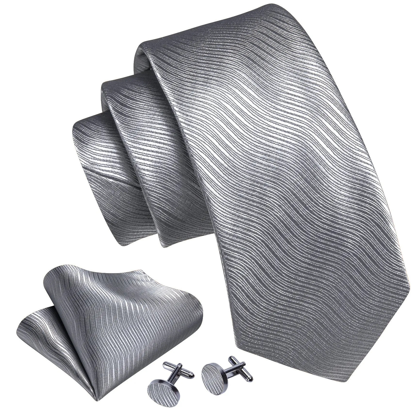 Barry Wang Light Grey White Solid Silk Tie Handkerchief Cufflinks Set