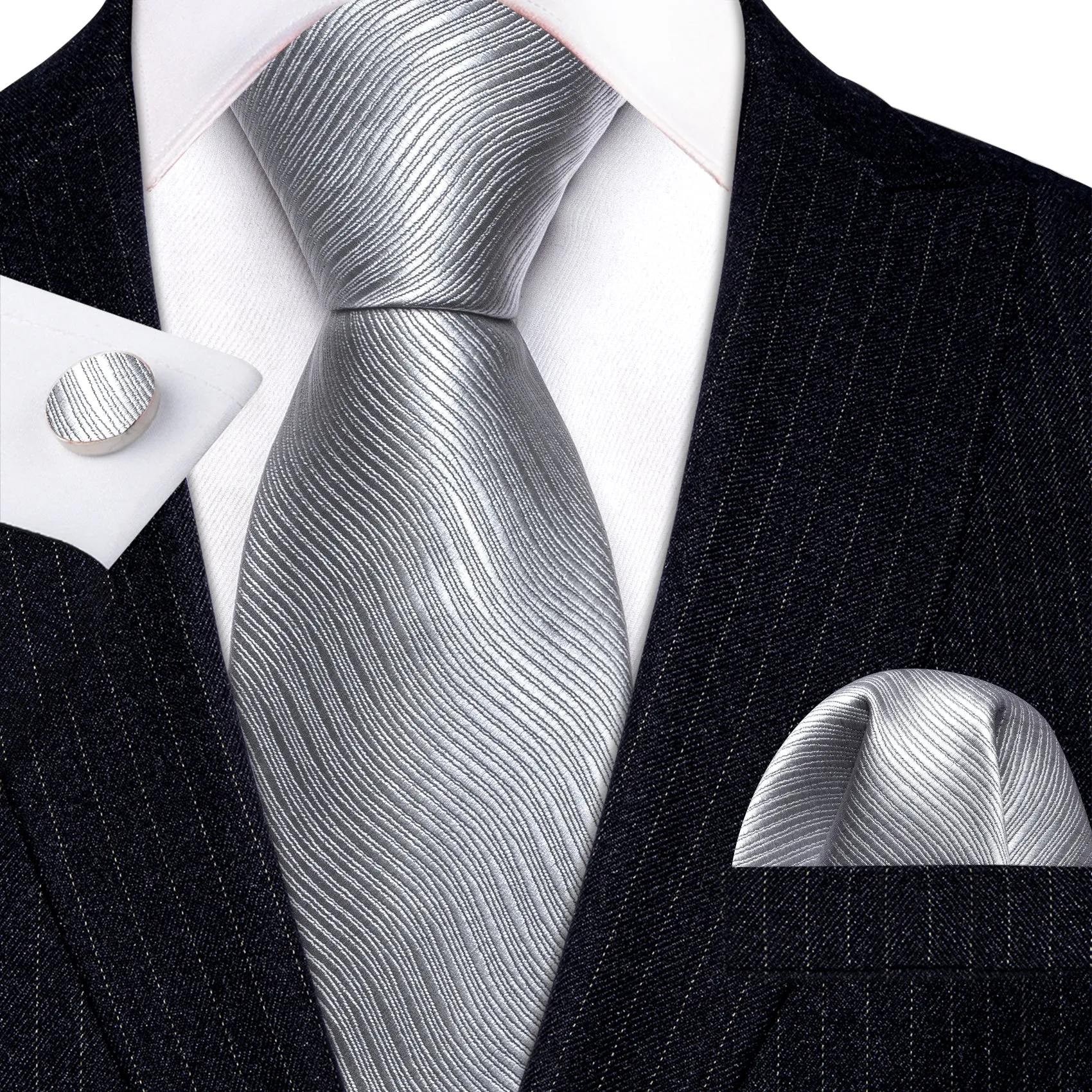 Barry Wang Light Grey White Solid Silk Tie Handkerchief Cufflinks Set