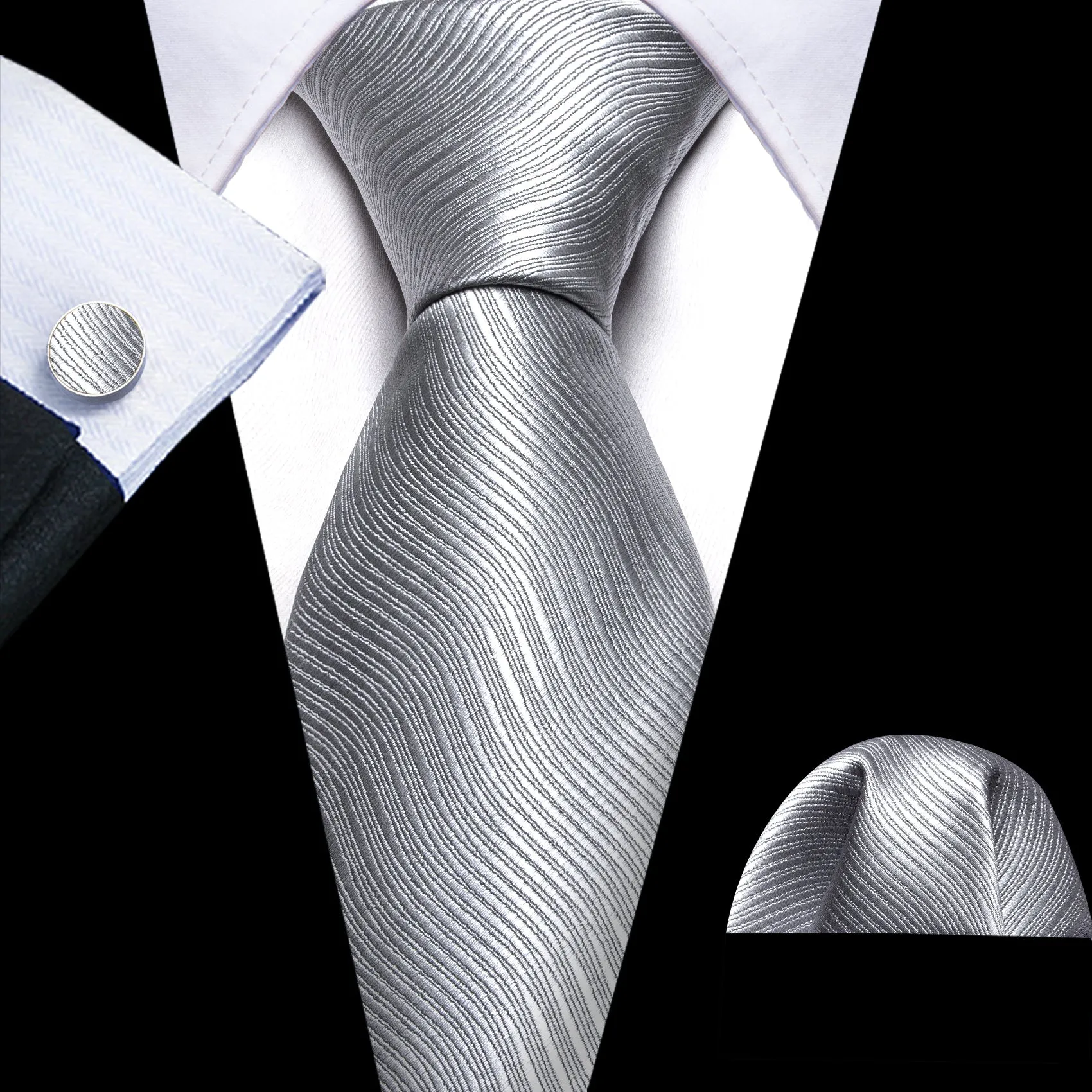 Barry Wang Light Grey White Solid Silk Tie Handkerchief Cufflinks Set