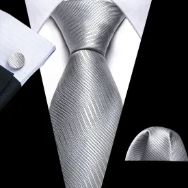 Barry Wang Light Grey White Solid Silk Tie Handkerchief Cufflinks Set
