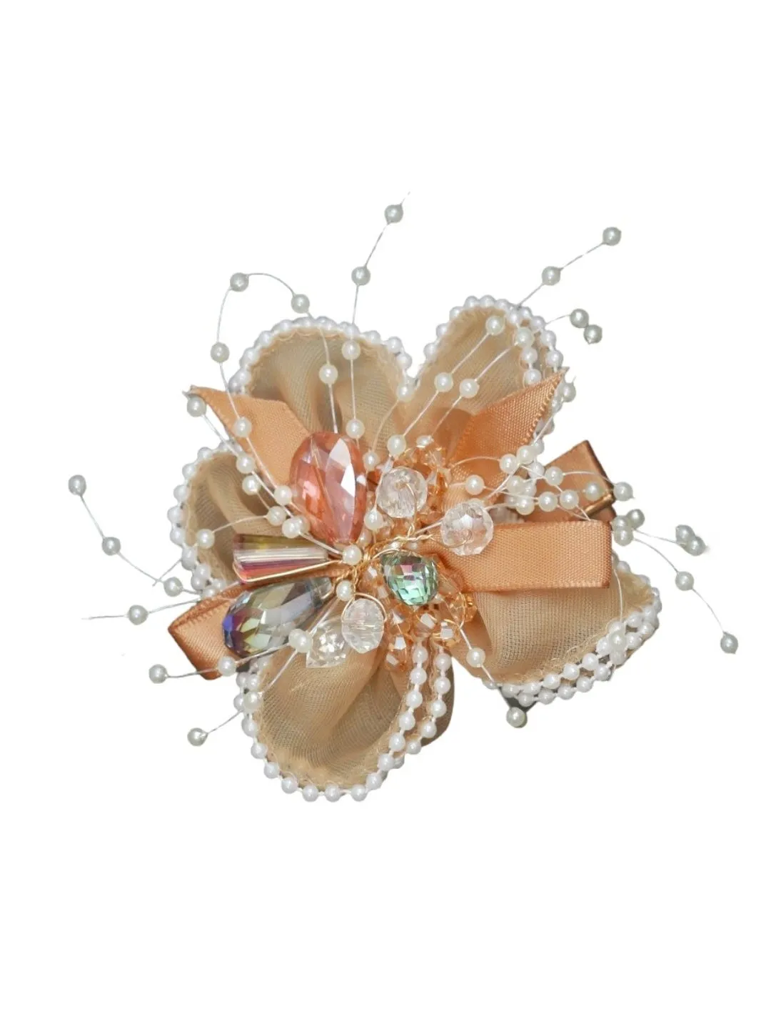 Beige Glow: Elegant Champagne Tulle Flower Bow Hair Clip with Pearls and Crystals