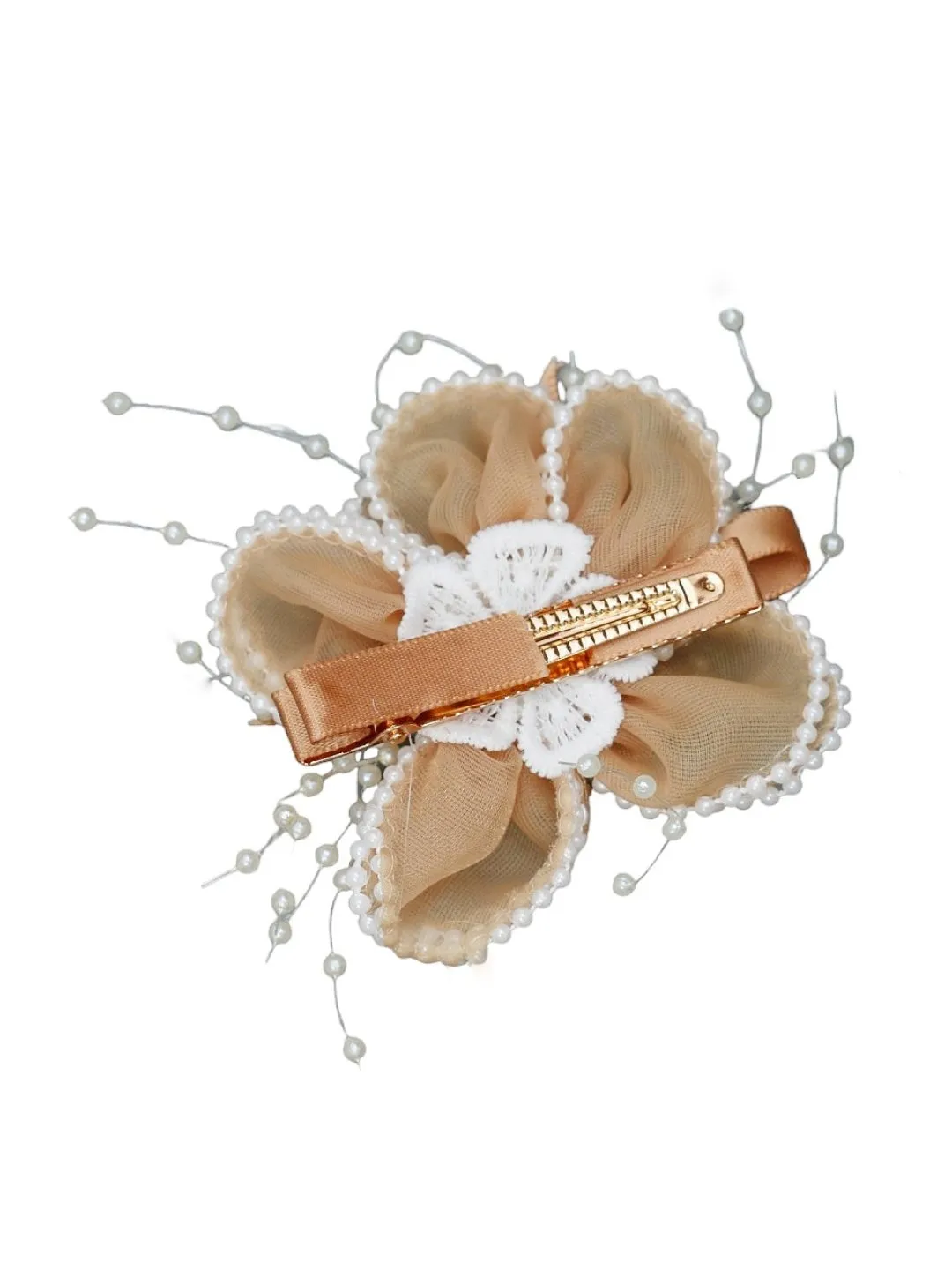 Beige Glow: Elegant Champagne Tulle Flower Bow Hair Clip with Pearls and Crystals