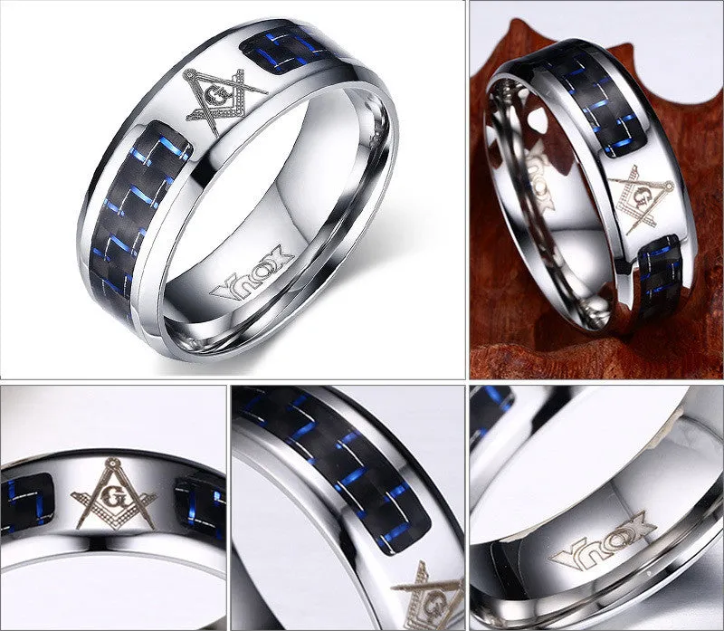 Fashion Black Men Rings Stainless Steel Masonic Rings Punk Carbon Fiber Wedding Rings for Men Jewelry