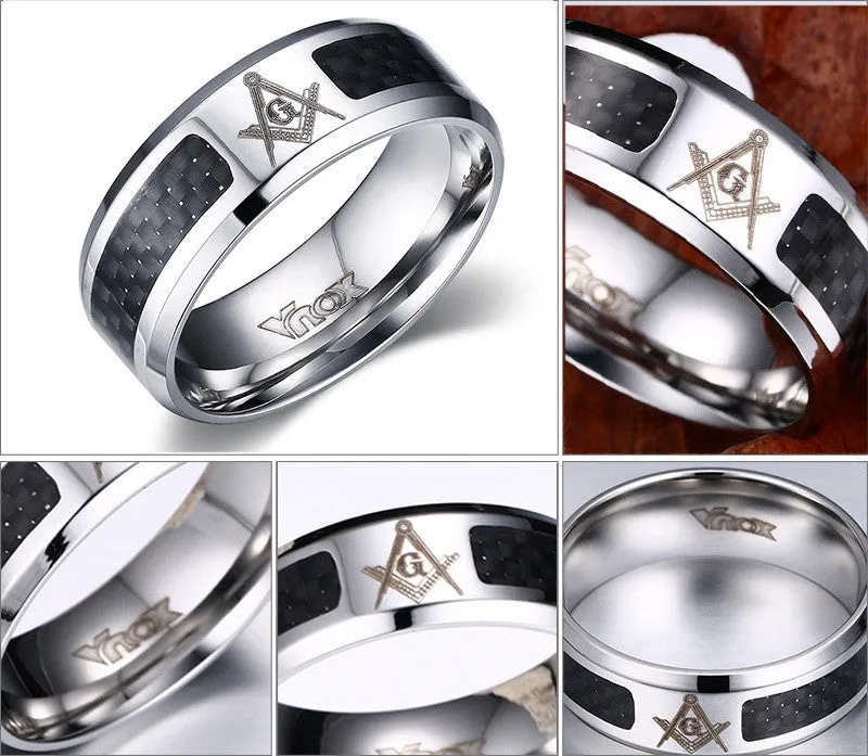 Fashion Black Men Rings Stainless Steel Masonic Rings Punk Carbon Fiber Wedding Rings for Men Jewelry