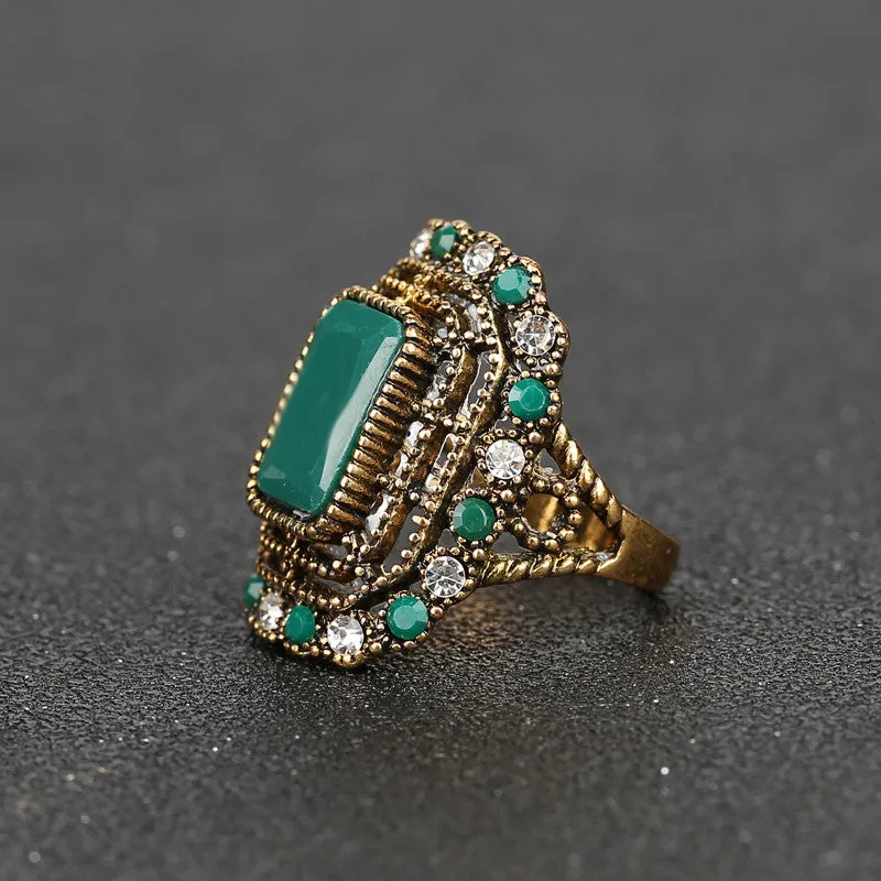 Fashion Green Ring Tibet Alloy Plating Gold Mosaic Resin Crystal Bijoux Femme Rings For Women