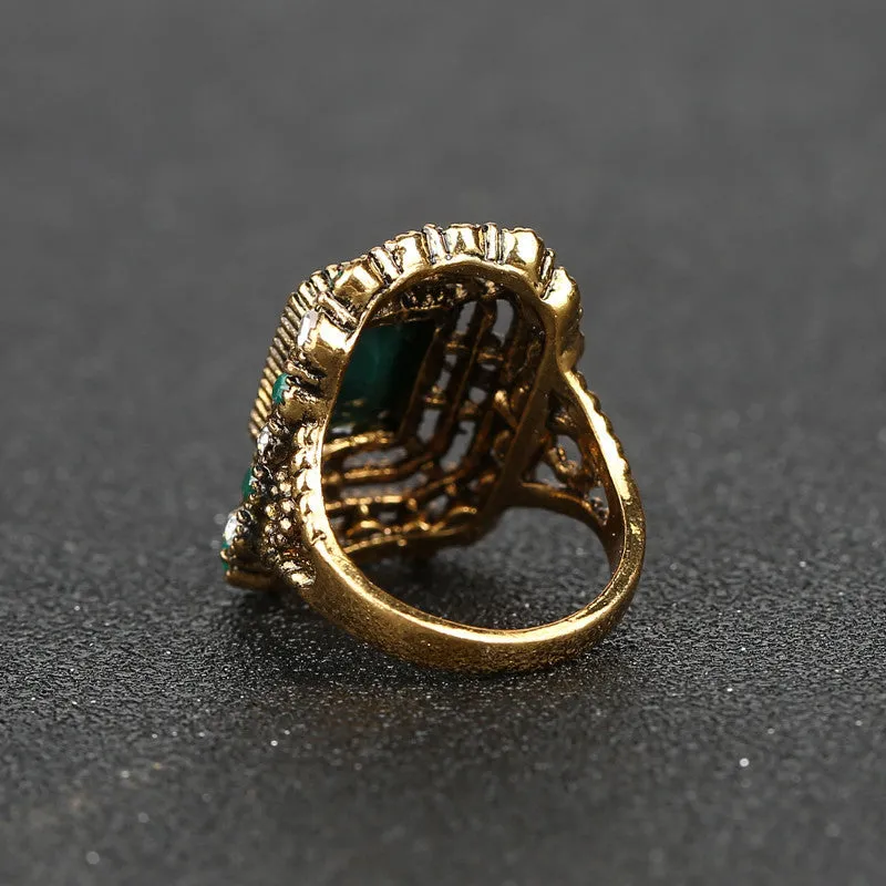 Fashion Green Ring Tibet Alloy Plating Gold Mosaic Resin Crystal Bijoux Femme Rings For Women