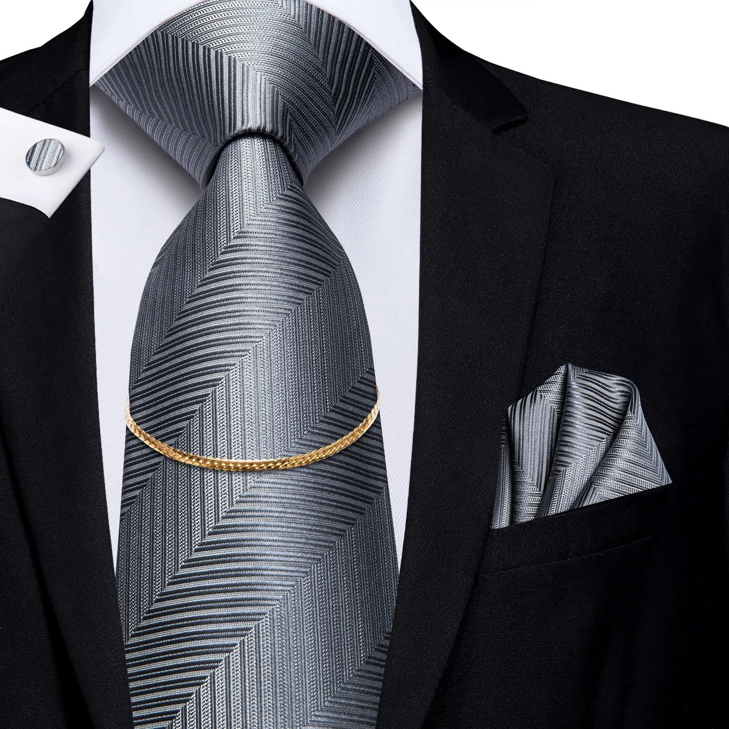 Hi-Tie Essential Grey Necktie Pocket Square Cufflinks Set Golden Chain