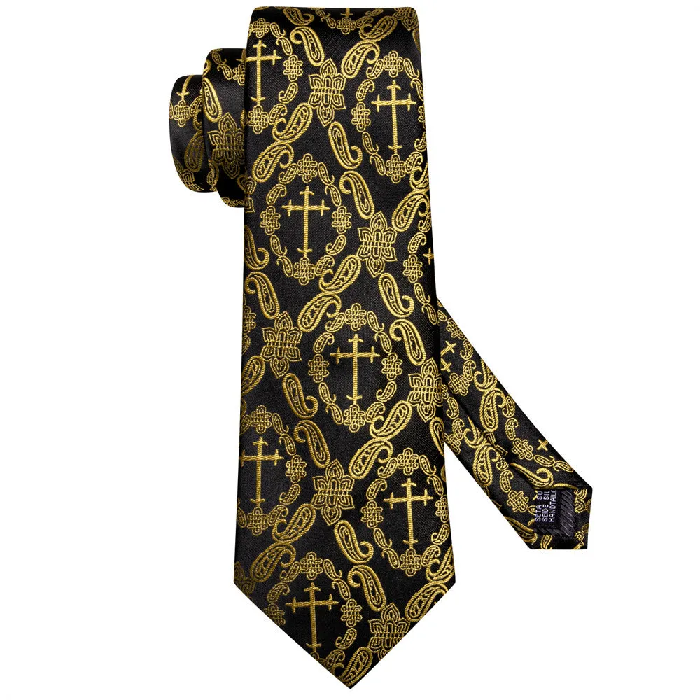 Hi-Tie Gold Paisley Crucifixion Necktie Pocket Square Cufflinks Set