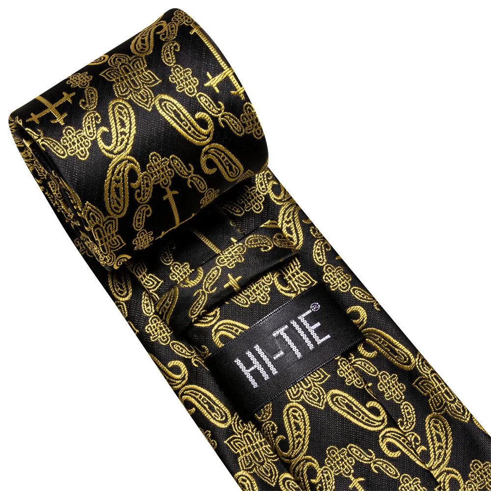 Hi-Tie Gold Paisley Crucifixion Necktie Pocket Square Cufflinks Set
