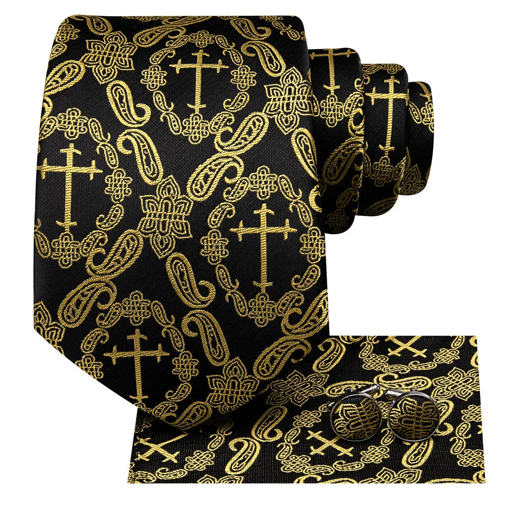 Hi-Tie Gold Paisley Crucifixion Necktie Pocket Square Cufflinks Set