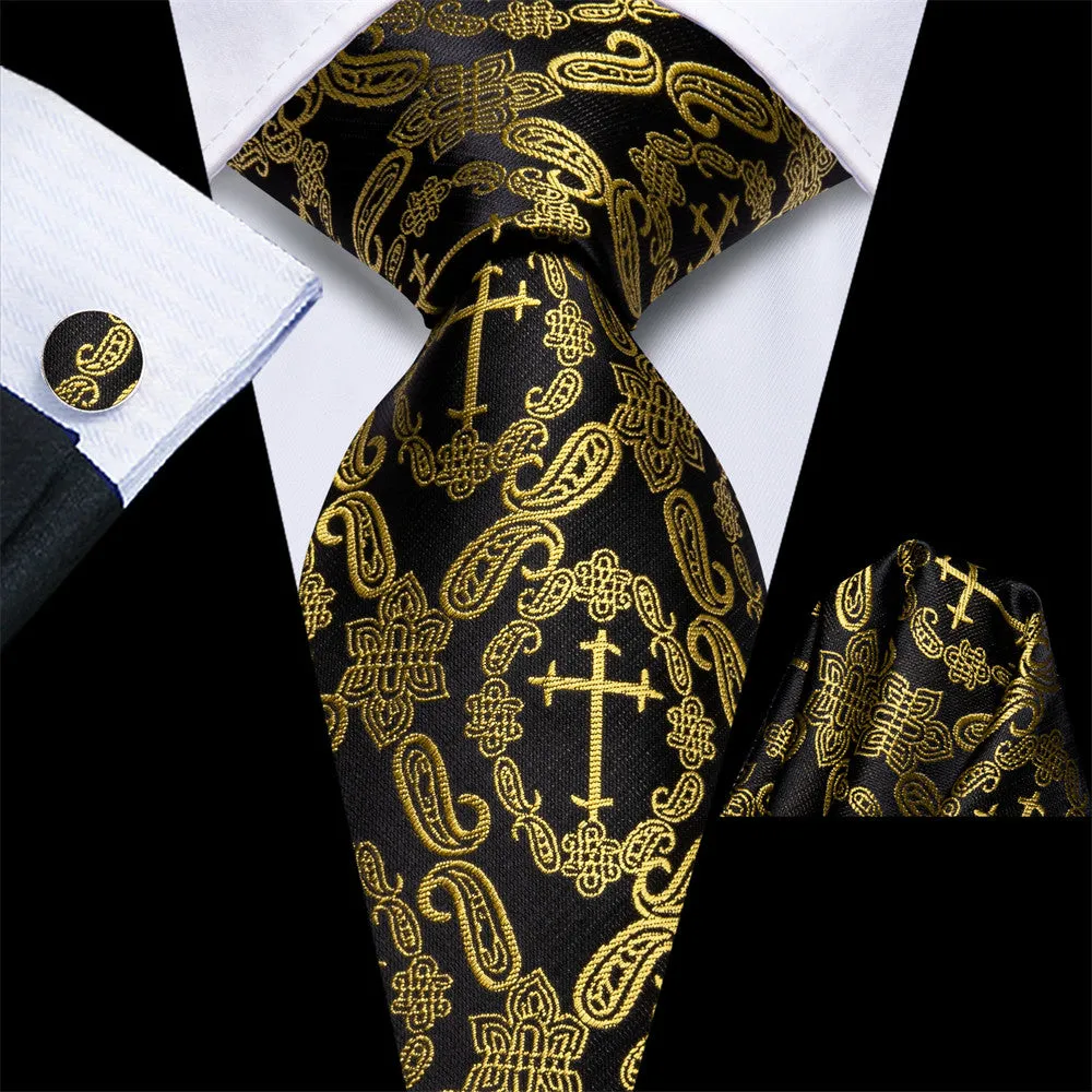 Hi-Tie Gold Paisley Crucifixion Necktie Pocket Square Cufflinks Set