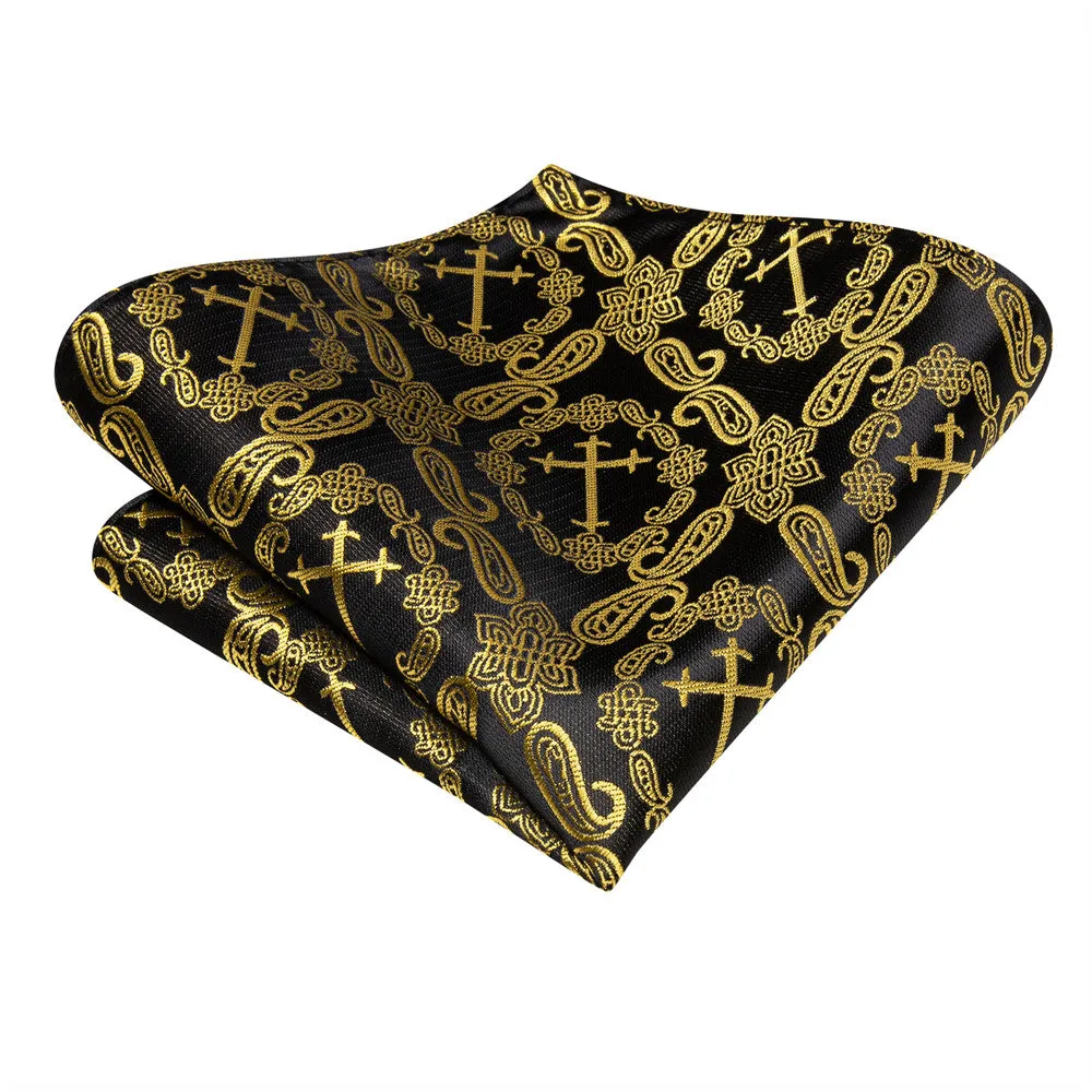 Hi-Tie Gold Paisley Crucifixion Necktie Pocket Square Cufflinks Set