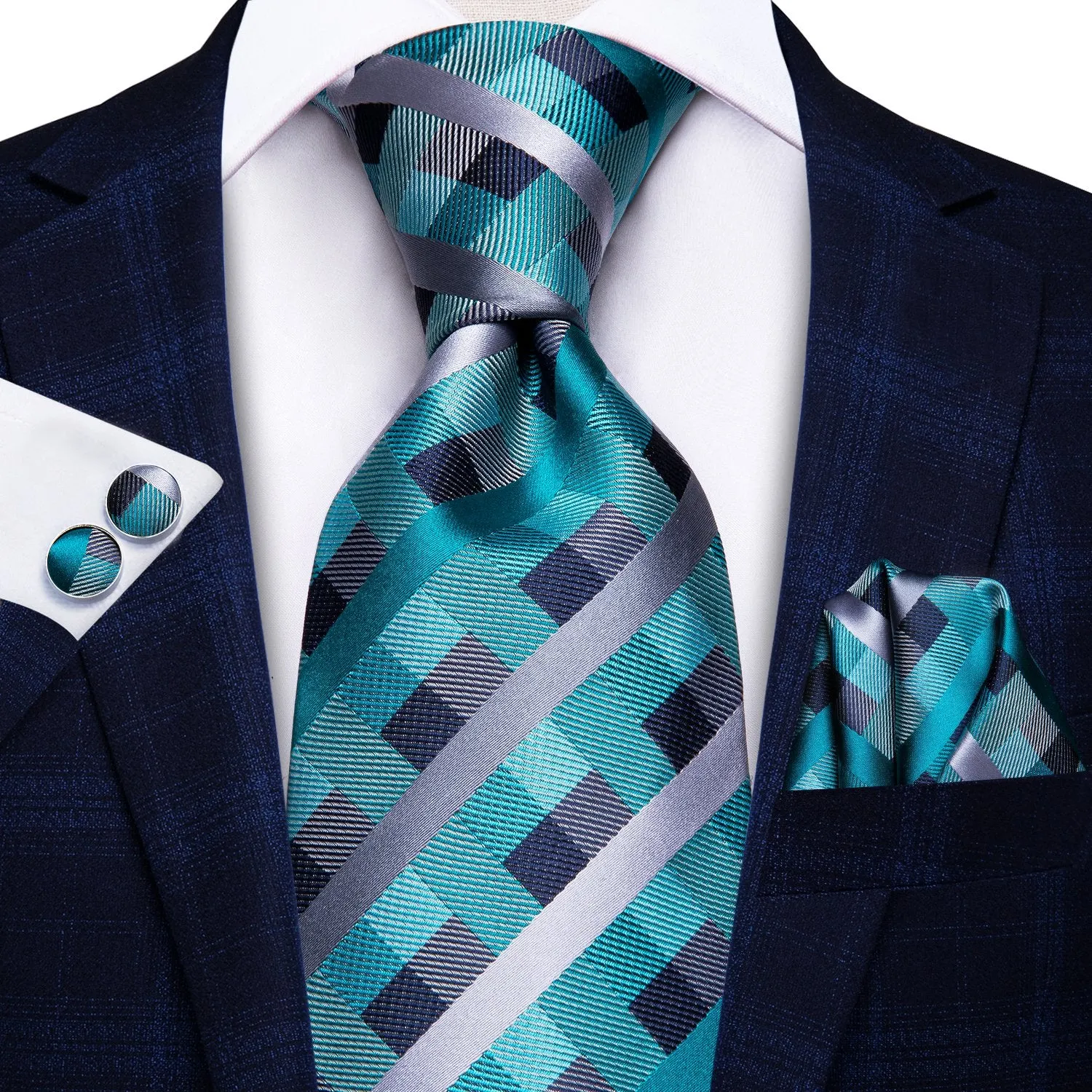 Hi-Tie Mens Blue Plaid Necktie Pocket Square Cufflinks Set with Brooch