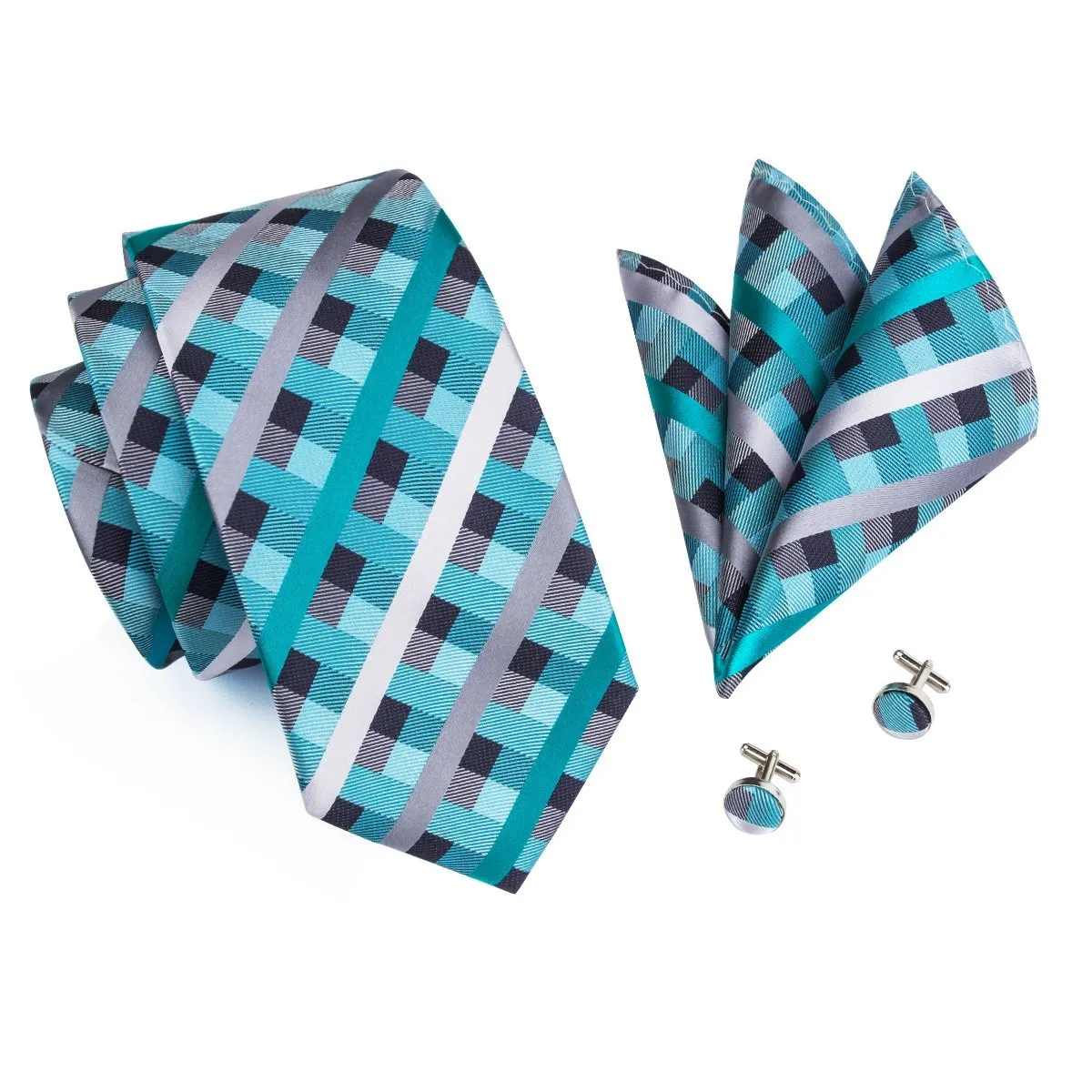 Hi-Tie Mens Blue Plaid Necktie Pocket Square Cufflinks Set with Brooch