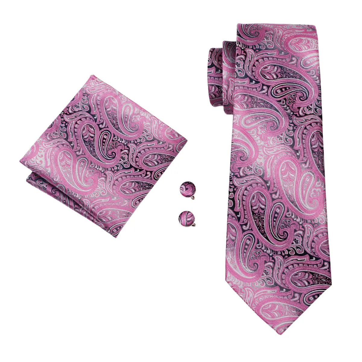 Hi-Tie Men's Pink Paisley Tie Pocket Square Cufflinks Set with Brooch
