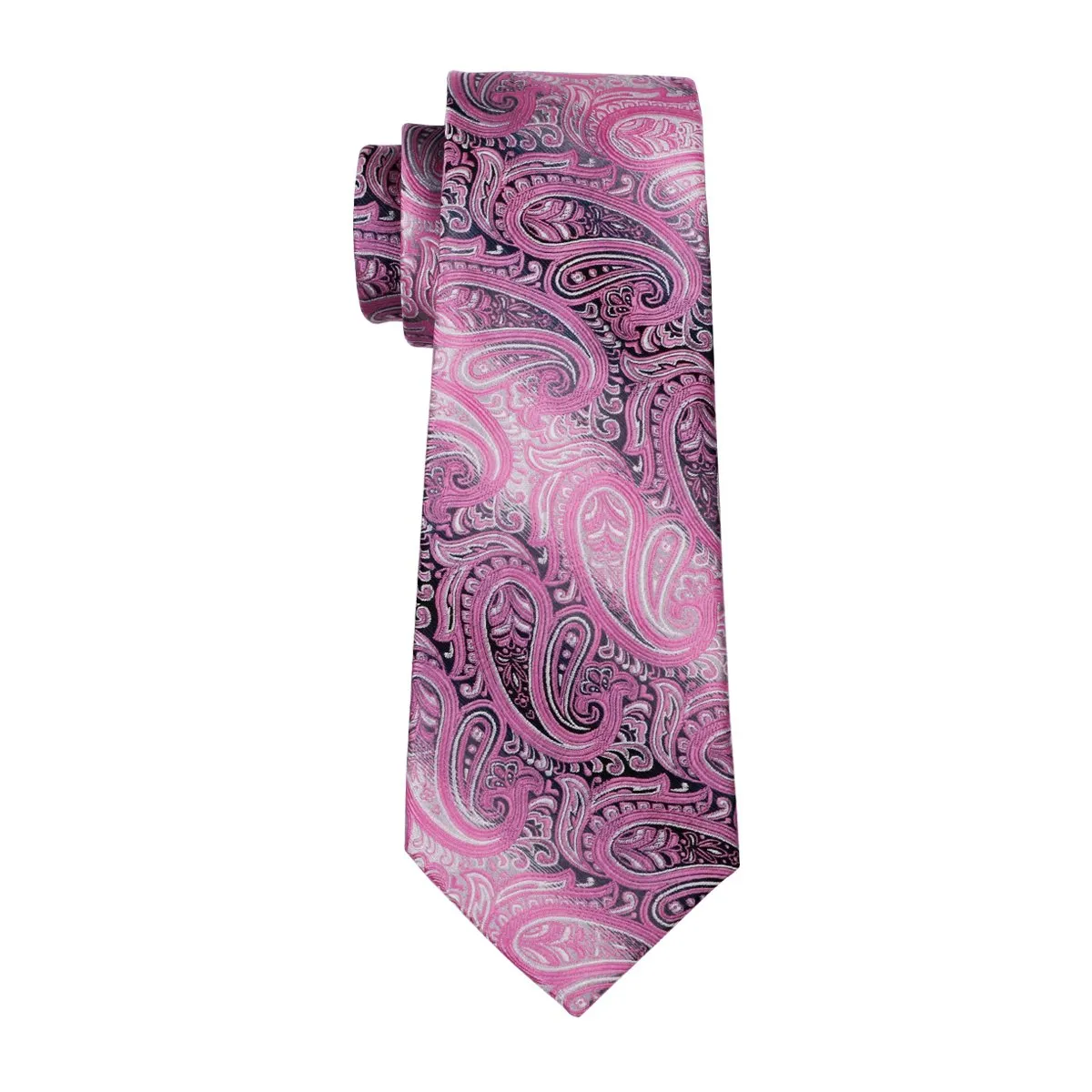 Hi-Tie Men's Pink Paisley Tie Pocket Square Cufflinks Set with Brooch