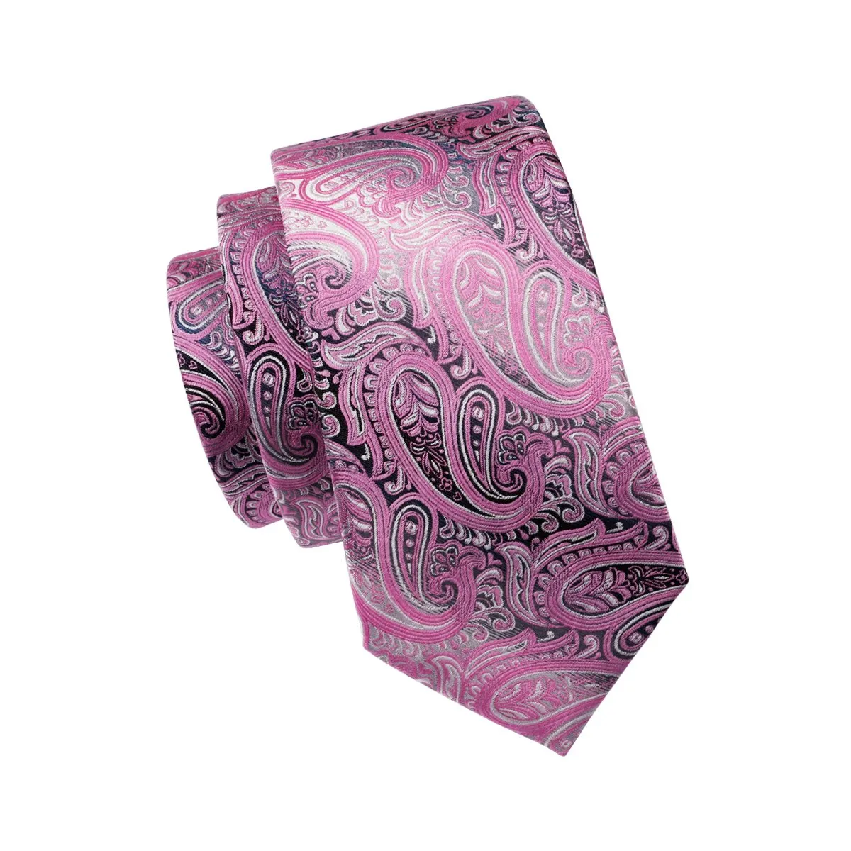 Hi-Tie Men's Pink Paisley Tie Pocket Square Cufflinks Set with Brooch