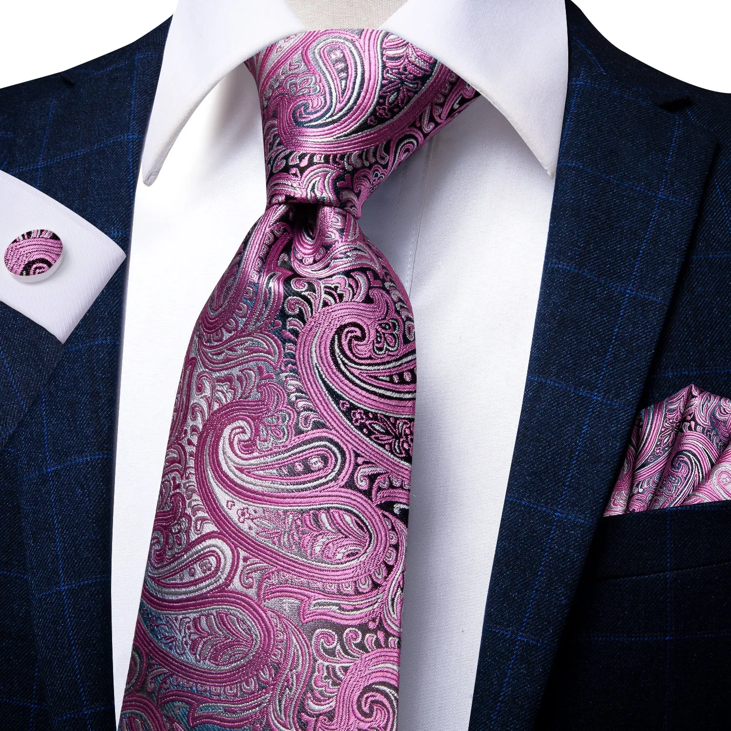 Hi-Tie Men's Pink Paisley Tie Pocket Square Cufflinks Set with Brooch