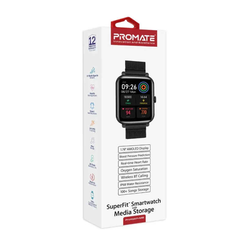 Promate IP68 Fitness Tracker Smartwatch with Media Storage - Black - TJREDR9