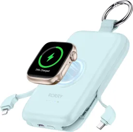 RORRY Portable Charger, 10000mAh PD 20W Fast Charging Portable Charger Power Bank with Built in Cables, Travel Battery Pack for iPhone 16/15/14/13/12 and Apple Watch Ultra/9/8/7/6/5/4/3/2, Blue