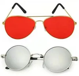Round, Aviator Sunglasses (For Men & Women, Red, Silver)
