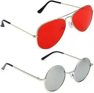 Round, Aviator Sunglasses (For Men & Women, Red, Silver)
