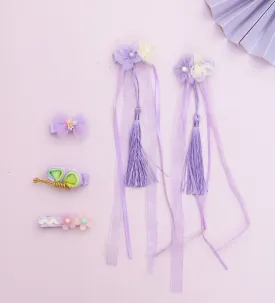 Set of 5 Flower Embellished Bow Hair Clips for Girls - Purple & Green