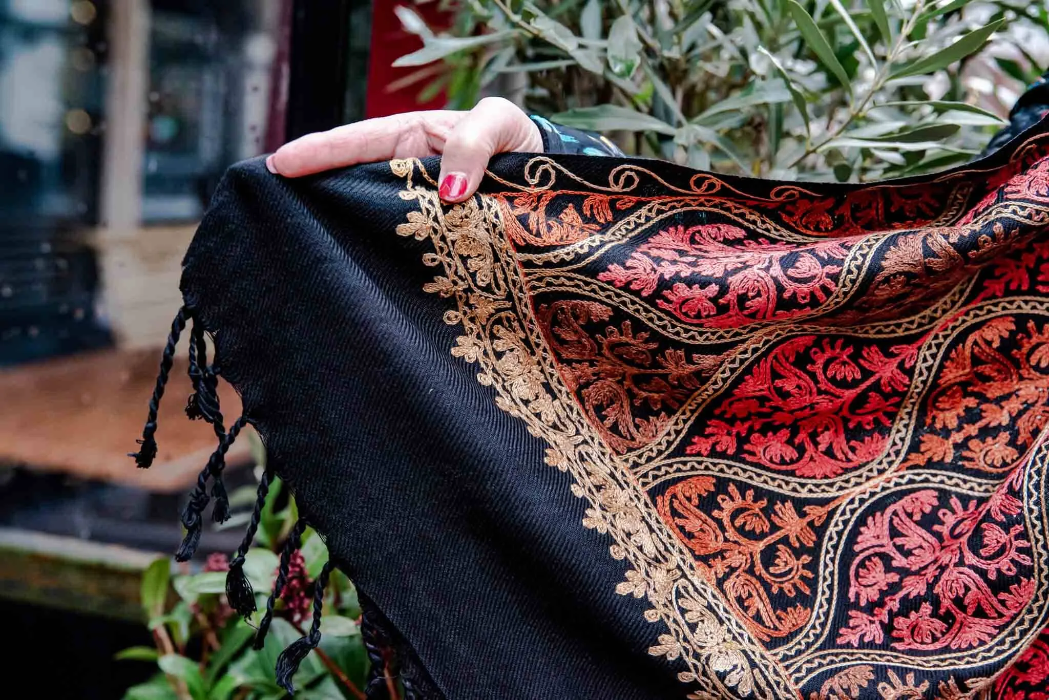 Shanila embroidery handmade scarf - classic black green embroidered - one of a kind