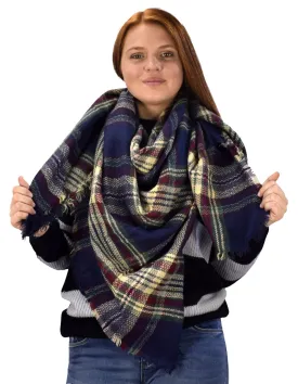 Warm Tartan Plaid Woven Oversized Fringe Scarf Blanket Shawl Wrap Brown Navy
