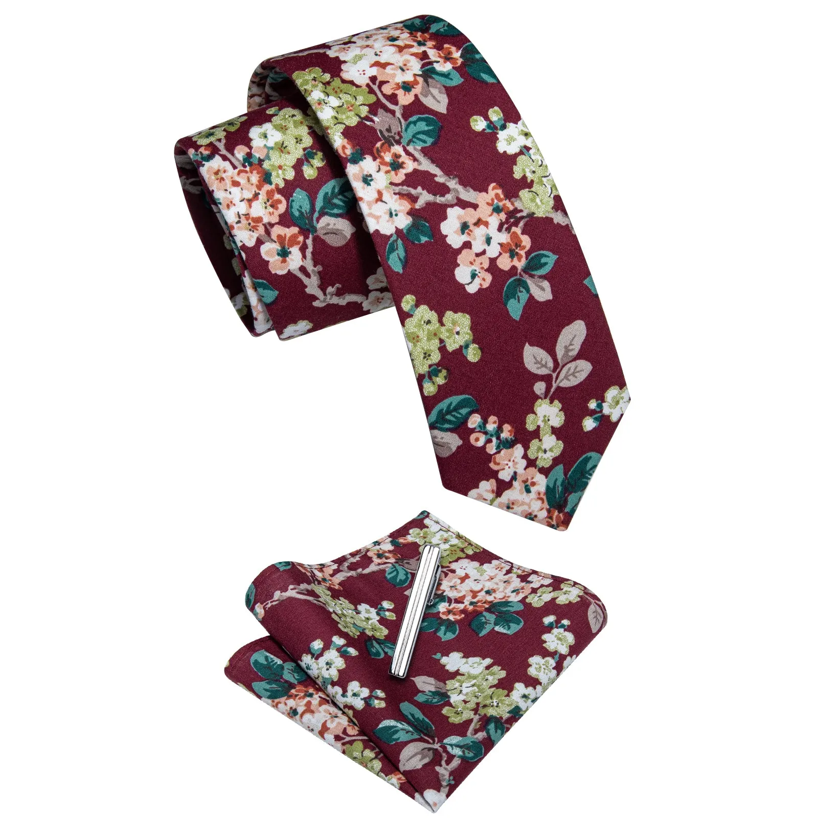 YourTies Burgundy Ties Red Floral Printed Skinny Tie Set with Tie Clip