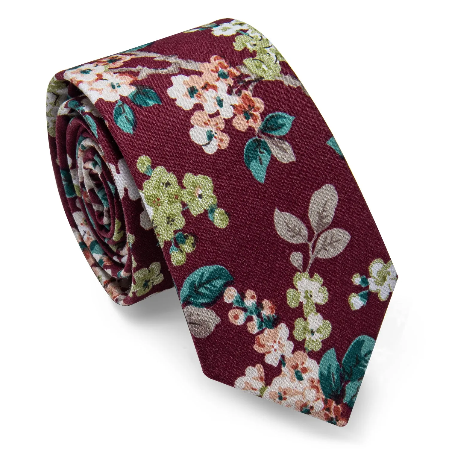 YourTies Burgundy Ties Red Floral Printed Skinny Tie Set with Tie Clip