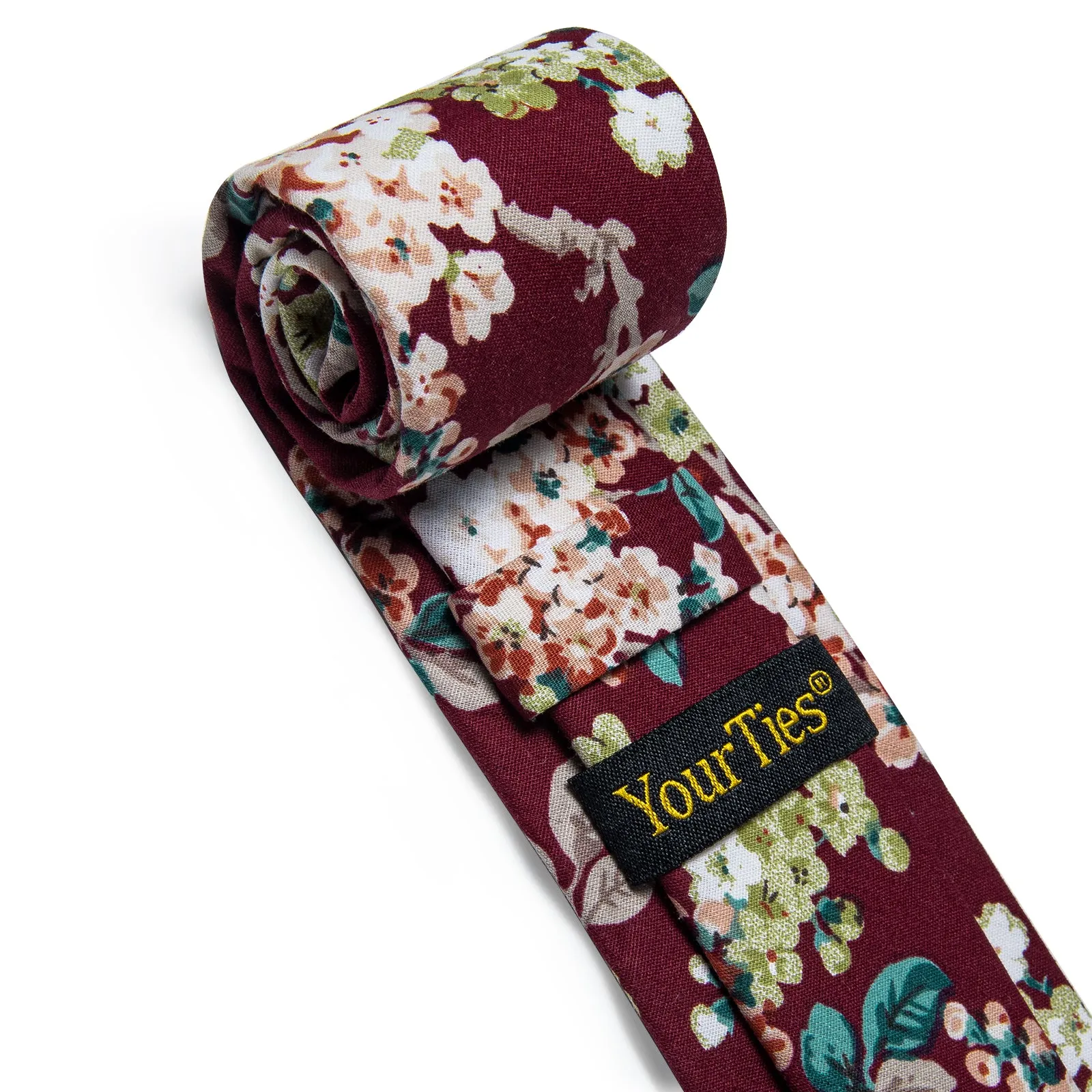 YourTies Burgundy Ties Red Floral Printed Skinny Tie Set with Tie Clip