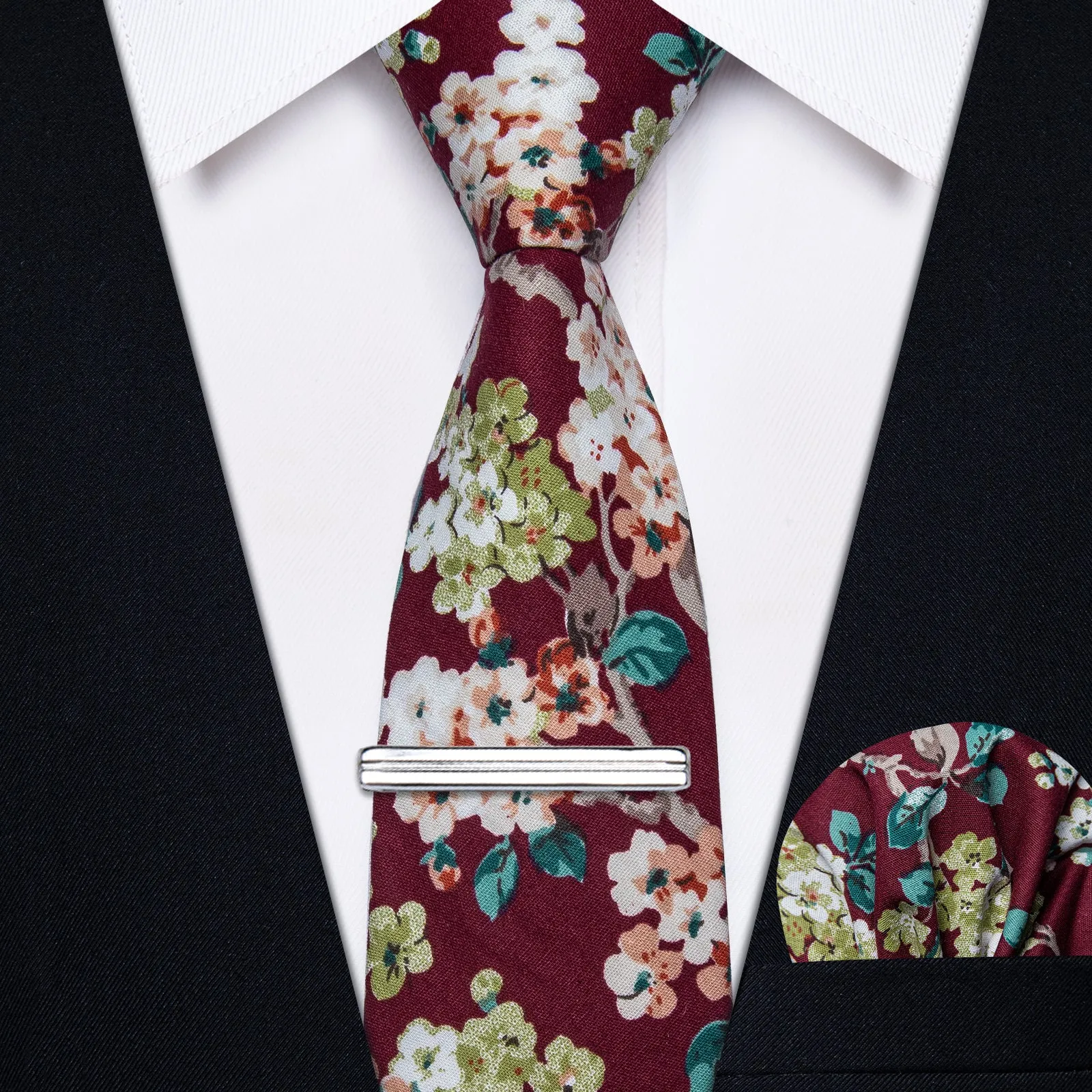 YourTies Burgundy Ties Red Floral Printed Skinny Tie Set with Tie Clip