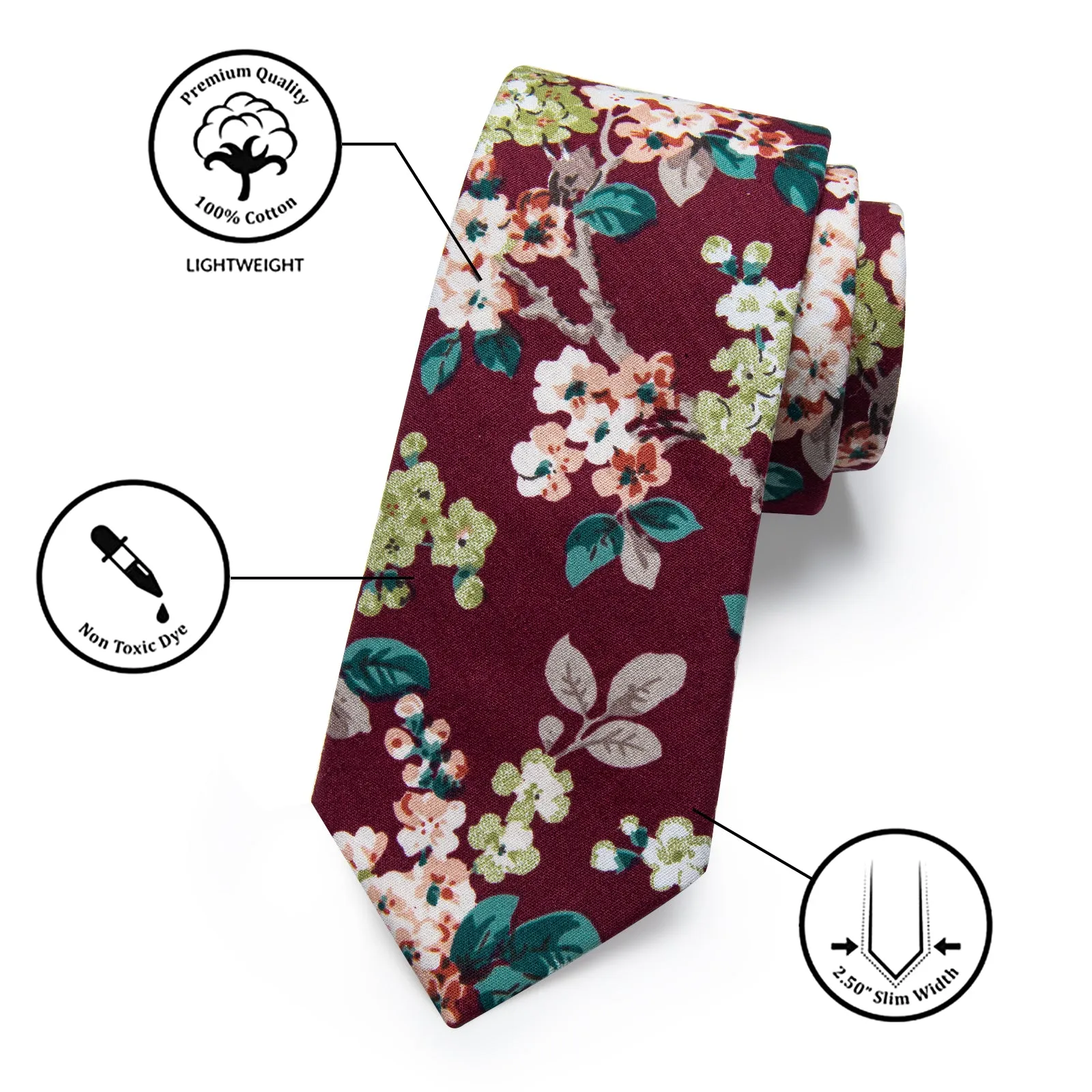 YourTies Burgundy Ties Red Floral Printed Skinny Tie Set with Tie Clip