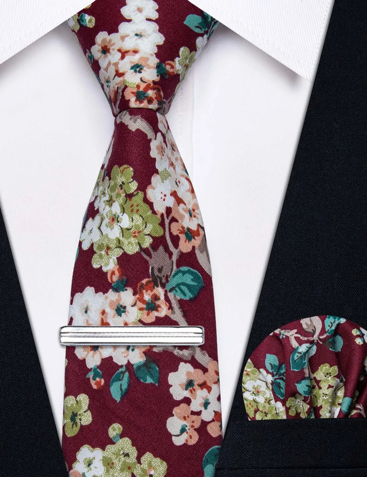 YourTies Burgundy Ties Red Floral Printed Skinny Tie Set with Tie Clip