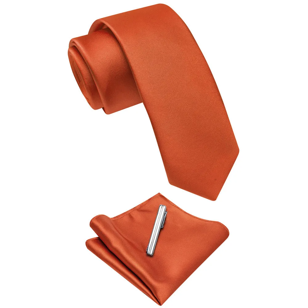 YourTies Dark Coral Solid Skinny Tie Set with Tie Clip