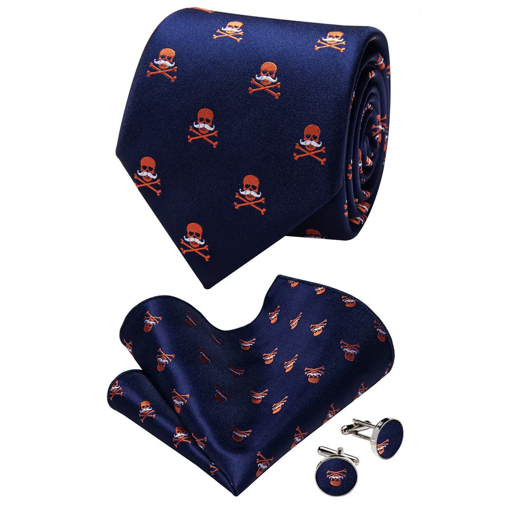 YourTies Halloween Necktie Novelty Blue Orange Skull Necktie Set