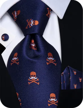 YourTies Halloween Necktie Novelty Blue Orange Skull Necktie Set