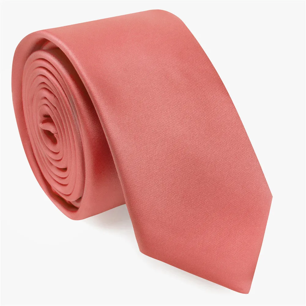 YourTies Light Coral Solid Skinny Tie Set with Tie Clip